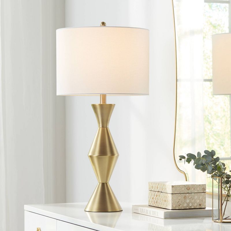 360 Lighting Elka Modern Mid Century Table Lamp 28" Tall Brass Geometric Metal White Drum Shade for Bedroom Living Room Bedside Nightstand Office Home, 2 of 12