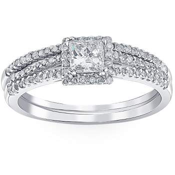Pompeii3 3/4ct Princess Cut Split Shank Engagement Ring Set 14K White Gold
