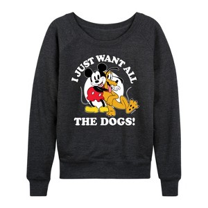 Women's - Disney - Mickey Pluto Just Want All Dogs Lightweight French Terry Wide Neck Long Sleeve Shirt - 1 of 4
