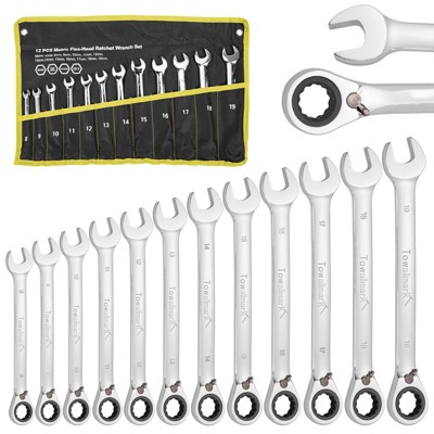 Reversible Ratcheting Wrench Set with Roll Pouch - Combination Metric Sizes for Professional Mechanics