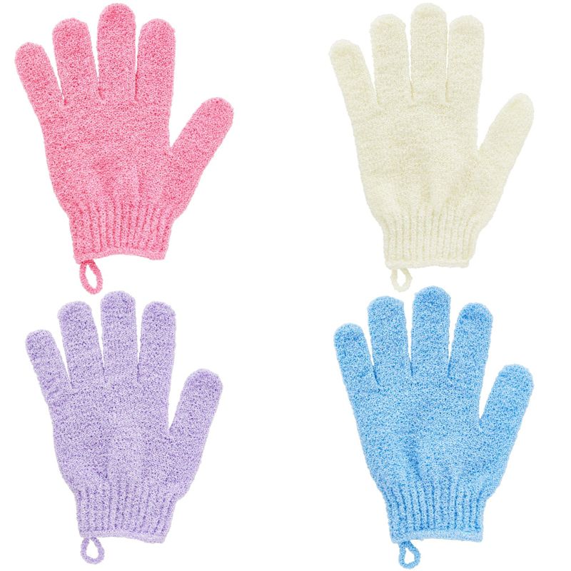 Juvale 4 Pairs Body Exfoliating Gloves for Shower, Bath Scrub Wash Mitt for Women, Men, Spa, Massage (Pink, Purple, Blue, Beige), 4 of 9