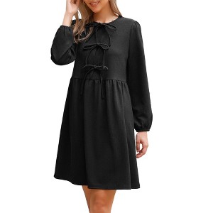 INSPIRE CHIC Women's Casual Long Sleeve Self Tie Bow Cute Tunic Fall Babydoll Dress - 1 of 4