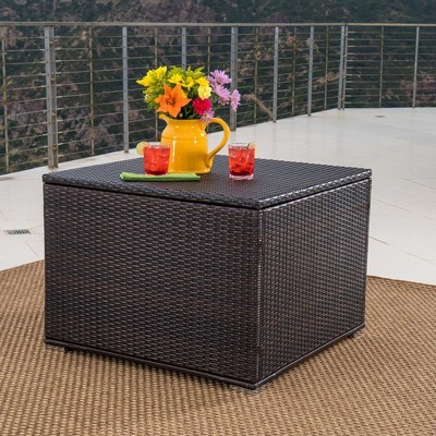 Wicker Outdoor Patio Coffee Table, Storage Side Table, Sturdy Iron Frame Square Container, Patio Rattan End Table With Storage