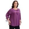 Women's Plus Size Tie Tassel V Neck Hollow Bowknot 3/4 Sleeve Adjustable Cuffs Casual Blouses - Agnes Orinda - 2 of 4