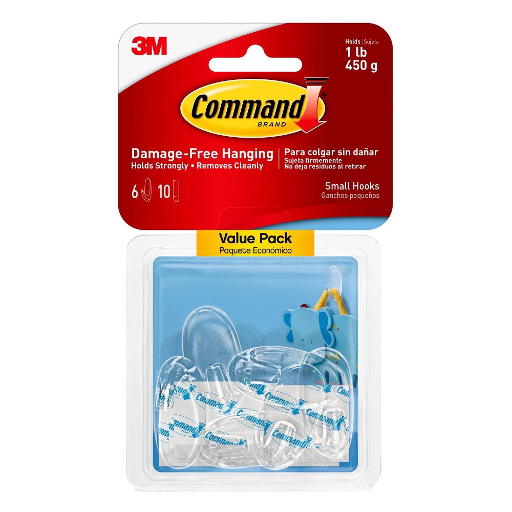 Command Small Sized Decorative Hooks Value Clear: Adhesive Plastic Hooks, 6 Pack, 1 lb Capacity, Small Command Strips