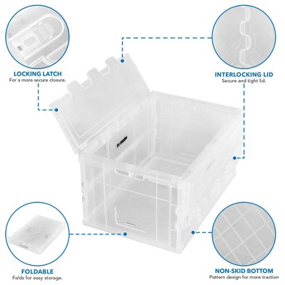 Clear and Blue Collapsible Plastic Storage Crate with Lid, 65L Capacity