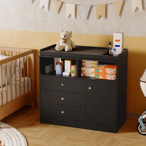 Nursery Dresser with Changing Table Top - Tall Wooden Diaper Changing Station with 2 Open Shelves, 3 Drawers, and 1 Cabinet - 1 of 4
