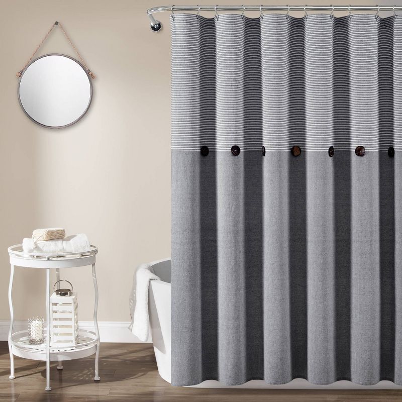 Farmhouse Button Striped Yarn Dyed Woven Cotton Single Shower Curtain - Lush Décor, 1 of 9