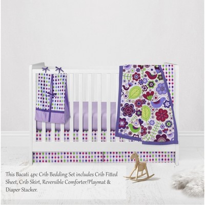 Bacati - Botanical Floral Birds Purple Multicolor 4 pc Crib Bedding Set with Diaper Caddy