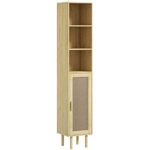 HOMCOM Tall Bathroom Storage Cabinet with Rattan Doors, Freestanding Bathroom Cabinet with Open Shelves and Cabinet - 1 of 4