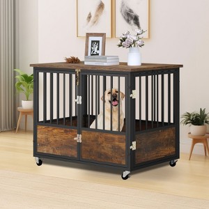 38in Dog Kennel Heavy Duty Wood Double Doors Chew Resistant Steel Rabbit Hutch - 1 of 4