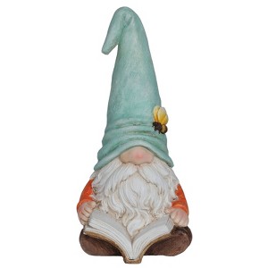 Alpine Corporation Gnome With Turquoise Hat Reading Book Décor: Ceramic Statue, Mythical Charm, Indoor/Outdoor Use - 1 of 4
