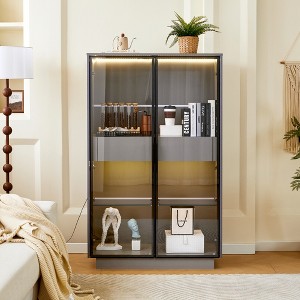 Lighted Display Cabinet LED Curio Cabinet Storage Cabinet with Tempered Glass Door, 2 Drawers, Adjustable Shelves, Modern Minimalist, Gray-ModernLuxe - 1 of 4