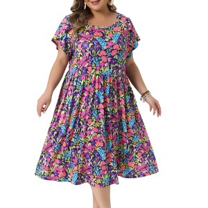 Women's Plus Size Floral Print Crew Neck Tulip Short Sleeve Flowy Summer A Line Midi Dresses with Pockert- Agnes Orinda - 1 of 4