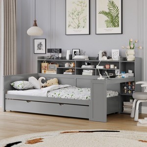 Bellemave Twin Corner Bed Frame with Storage Shelves and Desk, Wood Twin Size Daybed with Bookcase and Trundle and Storage, Gray - 1 of 4