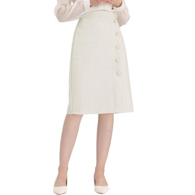 Allegra K Women's Plaid Tweed High Waist Button Decor Shiny Business Elegant Midi Skirt