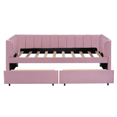 Bellemave Twin Size Daybed with 2 Storage Drawers，Velvet Day Bed Wood Slats, Modern Space Saving Sofabed for Bedroom,Living Room，Pink