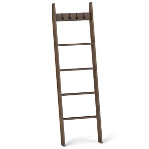 Costway Bamboo Blanket Ladder 5-Tier Ladder Shelf with 4 Removable Hooks Blanket Holder - 1 of 4