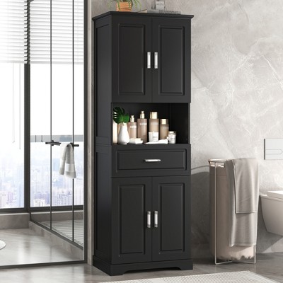 PDTEND Tall Bathroom Cabinet with Four Doors, Large Storage Space Open Shelf, Upper Storage Cabinet