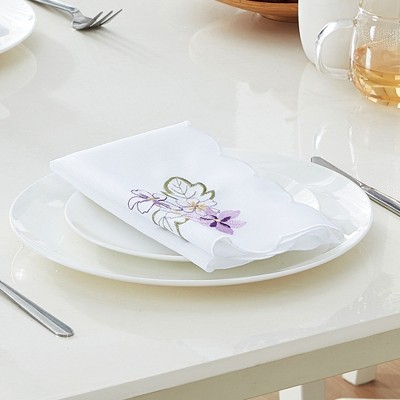Spring Hydrangea Floral Embroidered White Polyester Napkins, Set of 4