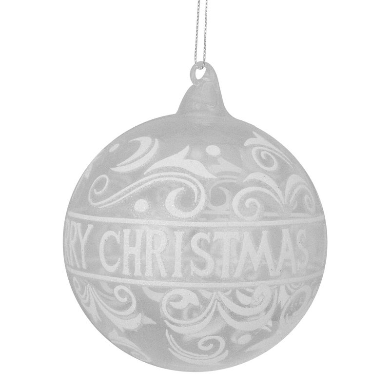 Northlight Clear and White "Merry Christmas" Glass Christmas Ball Ornament 4.5" (114mm), 1 of 7