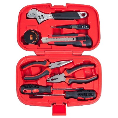 Red and Black 9-Piece Household Hand Tool Set with Ergonomic Handles