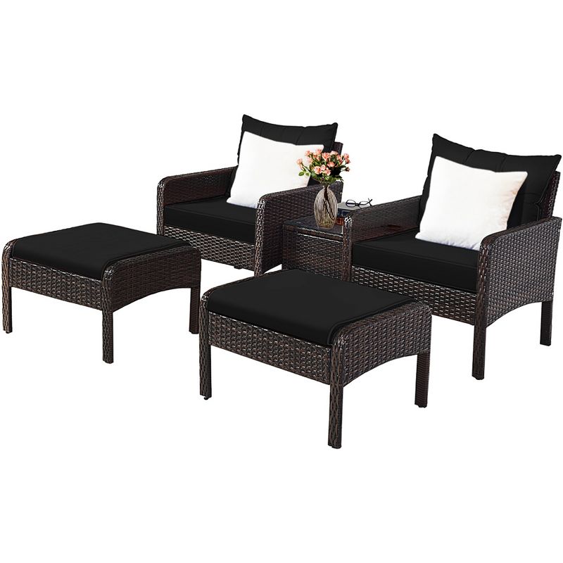 Costway 5 PCS Patio Rattan Wicker Furniture Set Sofa Ottoman Coffee Table Cushioned, 4 of 11