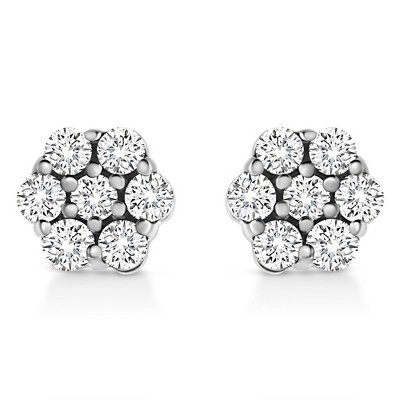 Silver Lab Grown Brilliant Round Cut Diamond Floral Cluster Stud Earrings