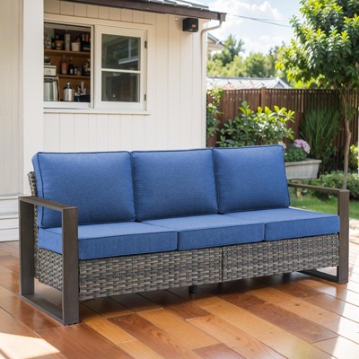 Buenhomino Patio Couch with High Back, 75" 3 Seats Outdoor Sofa, All Weather PE Wicker Couch with 4-inch Cushion for Porch, Backyard, Balcony, Deck