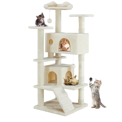 Aukfa 54-Inch Cat Tree Tower with Scratching Posts, Double Condos & Dangling Toys - Beige Pet Playhouse for Kittens and Cats, Beige