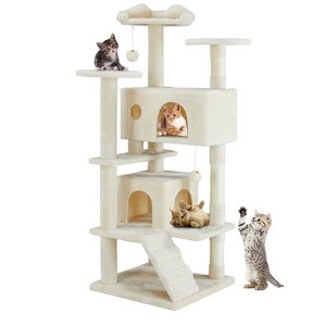 Aukfa 54-Inch Cat Tree Tower with Scratching Posts, Double Condos & Dangling Toys - Beige Pet Playhouse for Kittens and Cats, Beige - 1 of 4