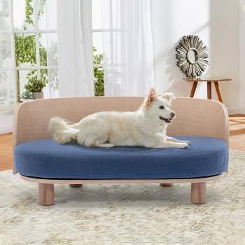 Corgi 26" Wide Small Dog Bed with Removable Cover,Velvet Cushion With Solid Wood legs and Bent Wood Back-The Pop Maison