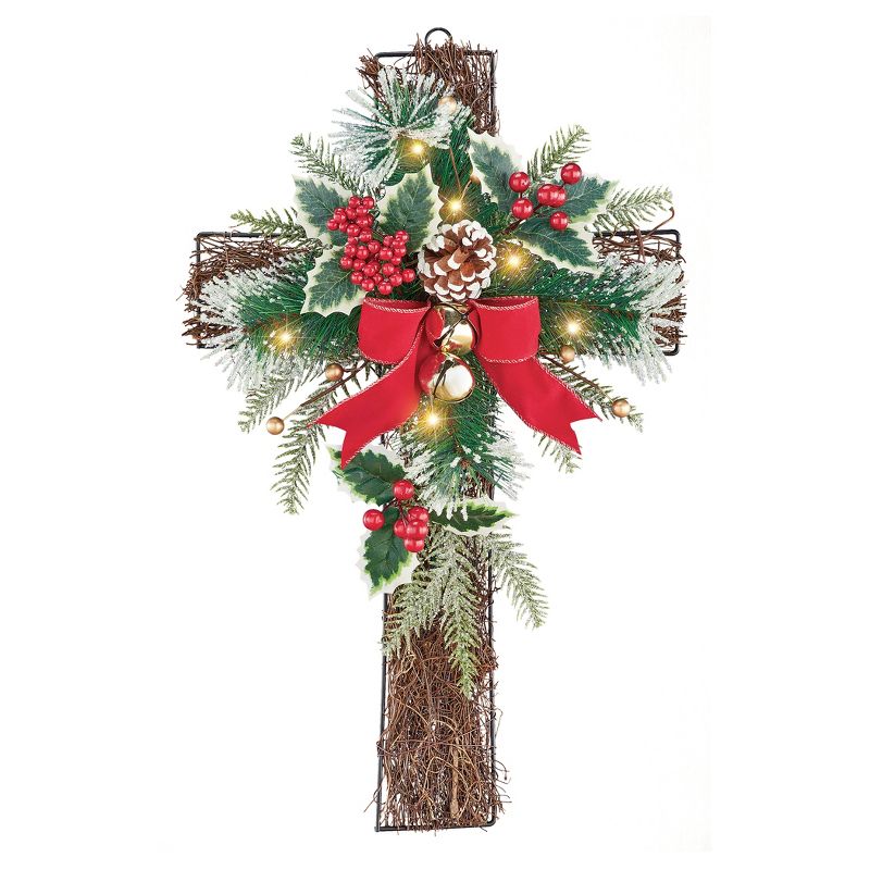Collections Etc Sparkling LED Lighted Pine and Berries Wall Cross, 1 of 3