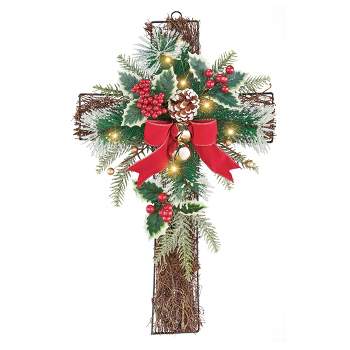 Collections Etc Sparkling LED Lighted Pine and Berries Wall Cross