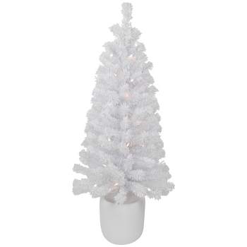 Northlight 3.5' Pre-Lit Potted Flocked Winter Pine White Tinsel Artificial Christmas Tree, Clear Lights
