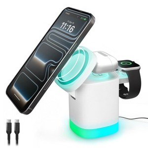 iHome 3-in-1 Wireless Charging Stand, 15W Fast Charge, LED Light, MagSafe Compatible, Foldable Design - 1 of 4