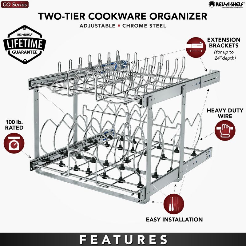 Rev-A-Shelf 5CW2-1222-CR 12 Inch 2 Tier Adjustable Heavy Duty Wire Pull Out Kitchen Cabinet Organizer for Pots, Pans, and Lid Cookware, Chrome, 4 of 7