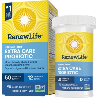 Renew Life Adult Extra Care Digestive* Probiotic, 50 Billion CFU Per Capsule Guaranteed, 12 Strains, Potent Shelf Stable Probiotic;  90 Capsules
