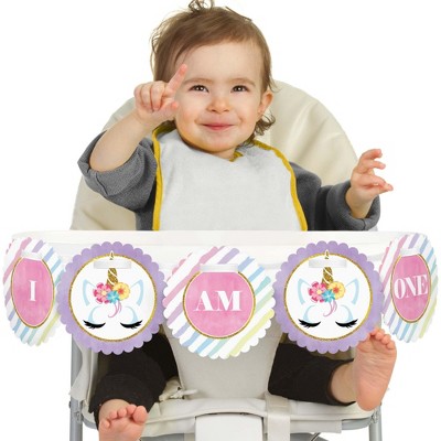 Big Dot of Happiness Rainbow Unicorn 1st Birthday Highchair Decor - I Am One - First Birthday High Chair Banner