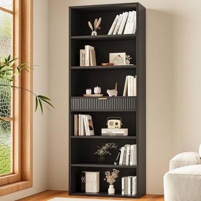 MOEPISY 72inch Tall Book Shelf Bookcase with Storage, 7-Tier Bookcase Fluted with Drawer Black