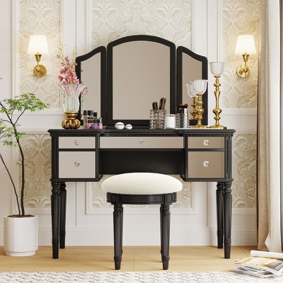 Whisen Elegant Design Dressing Table Vanity Table with Mirrored Drawers, Tri-fold Mirror and Stool