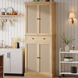 Kitchen Pantry Cabinet,Woven Rattan Kitchen Storage Cabinets with 4 Adjustable Shelves and Drawer, for Dining Room, Living Room, Wood Color - 1 of 4