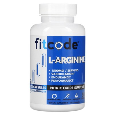 fitcode L-Arginine, Extra Strength, 1,500 mg, 100 Capsules (750 mg per Capsule)