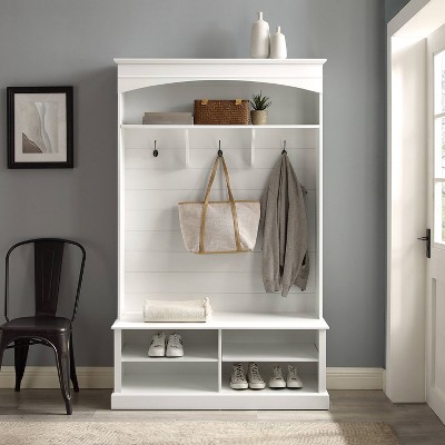 Bartlett White Farmhouse Hall Tree with Bench and Shoe Storage