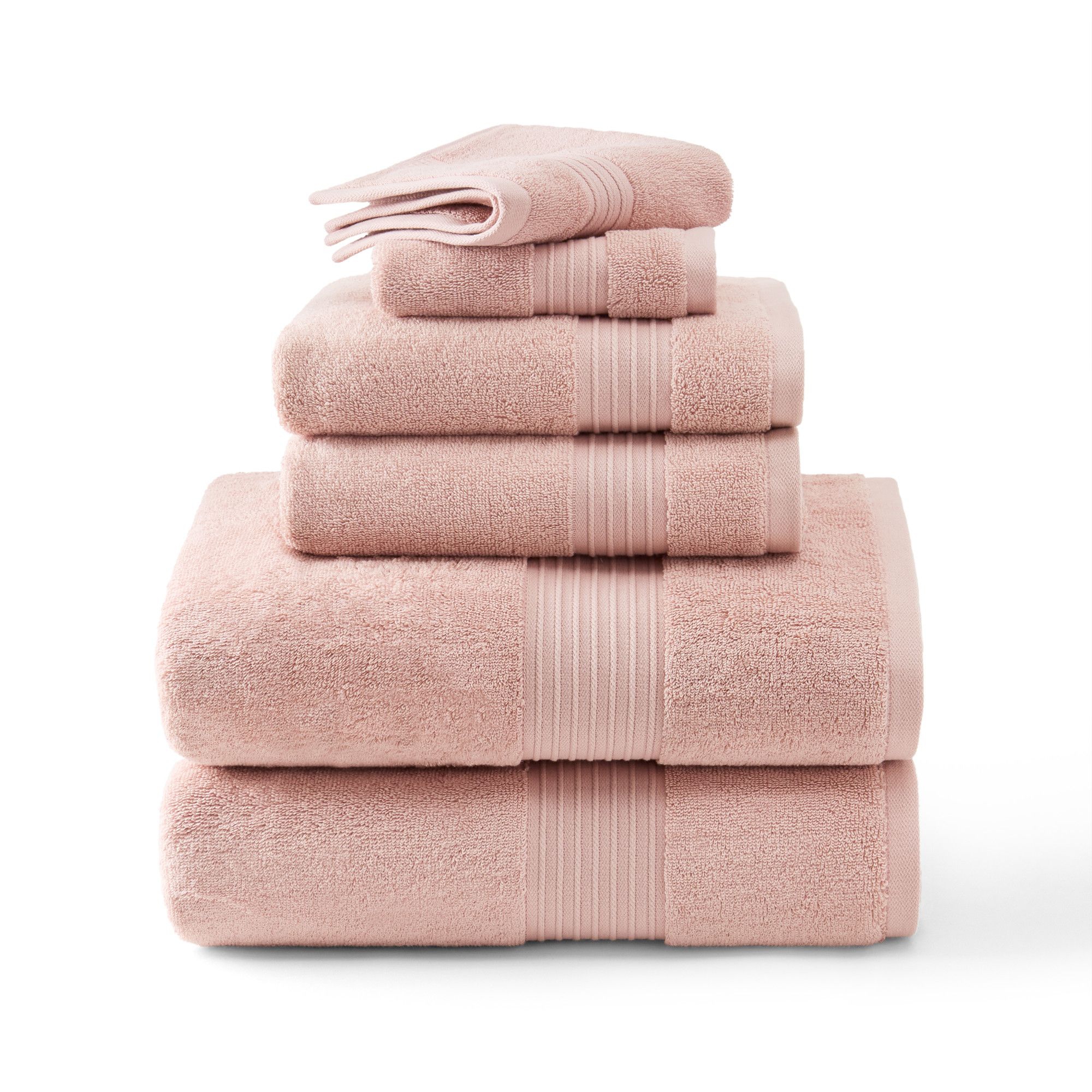 TOWN & COUNTRY EVERYDAY 6-Piece Assorted Solid Dobby Border, 2-Bath Towels, 2-Hand Towels, 2-Washcloths, 100% Cotton, Plush & Absorbent 650GSM, Blush