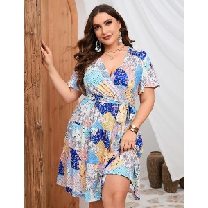 Plus Size Women's V Neck Short Sleeve Dress with Belt Flowy Casual Summer Day Dress - 1 of 4