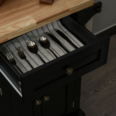 Compact Modern Black Kitchen Island Cart with Rubberwood Top and Storage