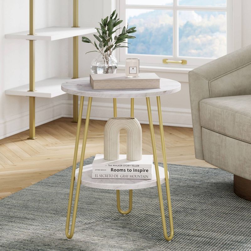 Ashley Faux Marble and Metal Tiered Side Table Matte White/Marble Gold - Nathan James, 1 of 6