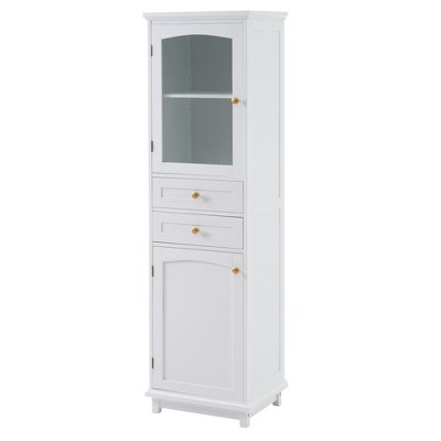 PDTEND 63" Tall Freestanding Bathroom Storage  Cabinet with Glass Doors, 2 Drawers and Adjustable Shelves