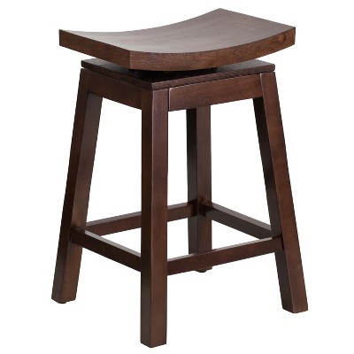 26'' High Cappuccino Wood Counter Height Stool With Black Leather Swivel Seat 